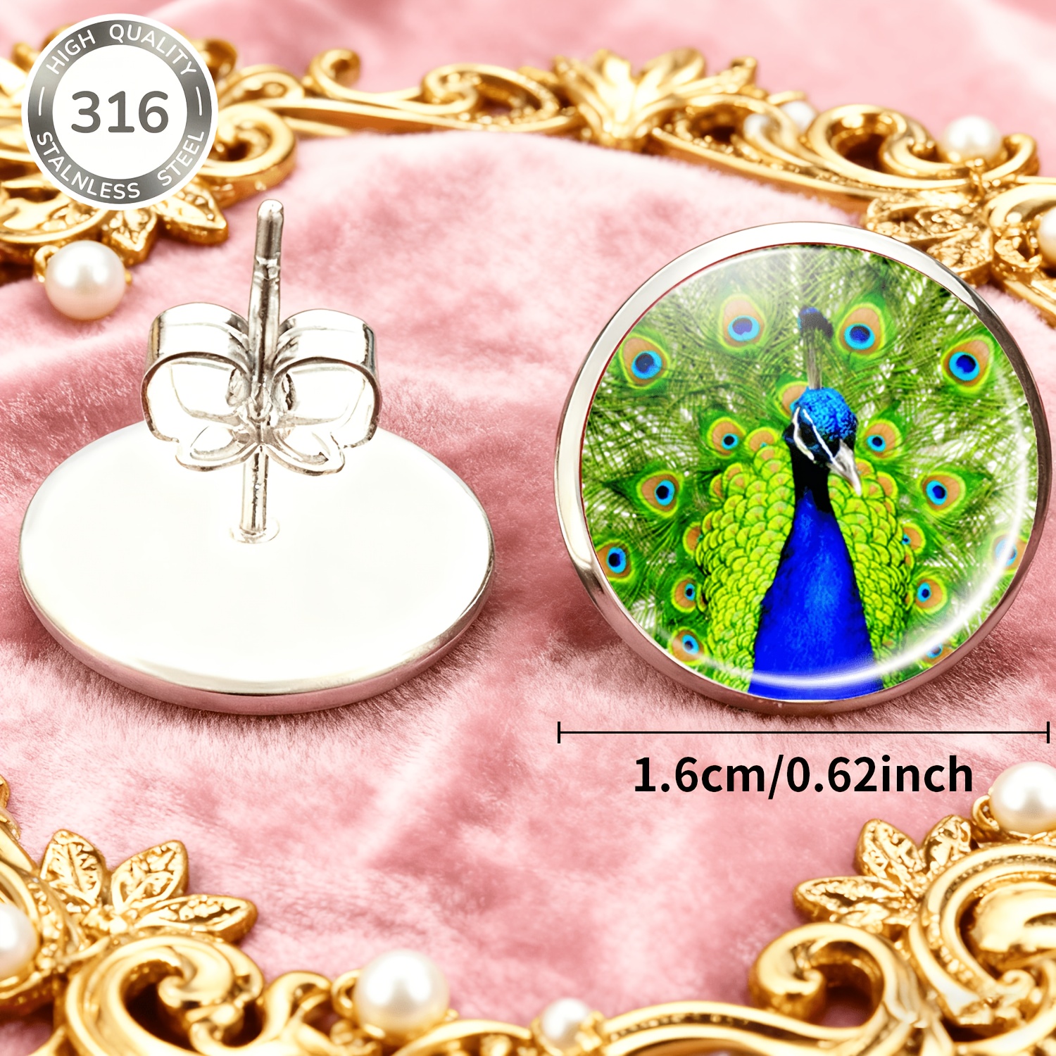 Women's 2pcs Stainless Steel Round Studs with Peacock Design